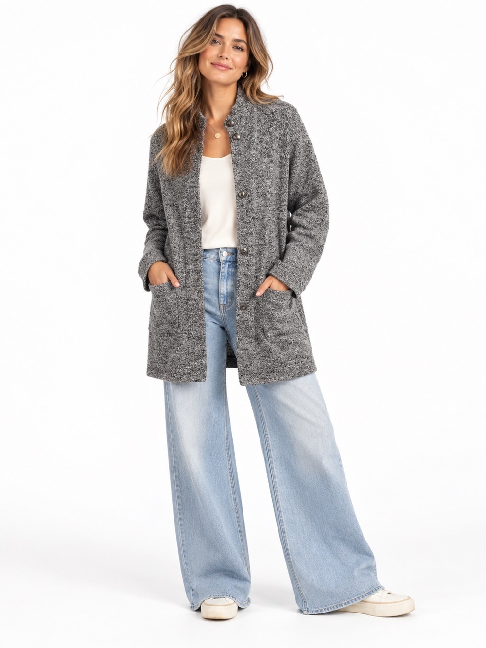 Pure Jill J.Jill Gray Marled Wool Blend Long Cardigan Coat Large Lagenlook